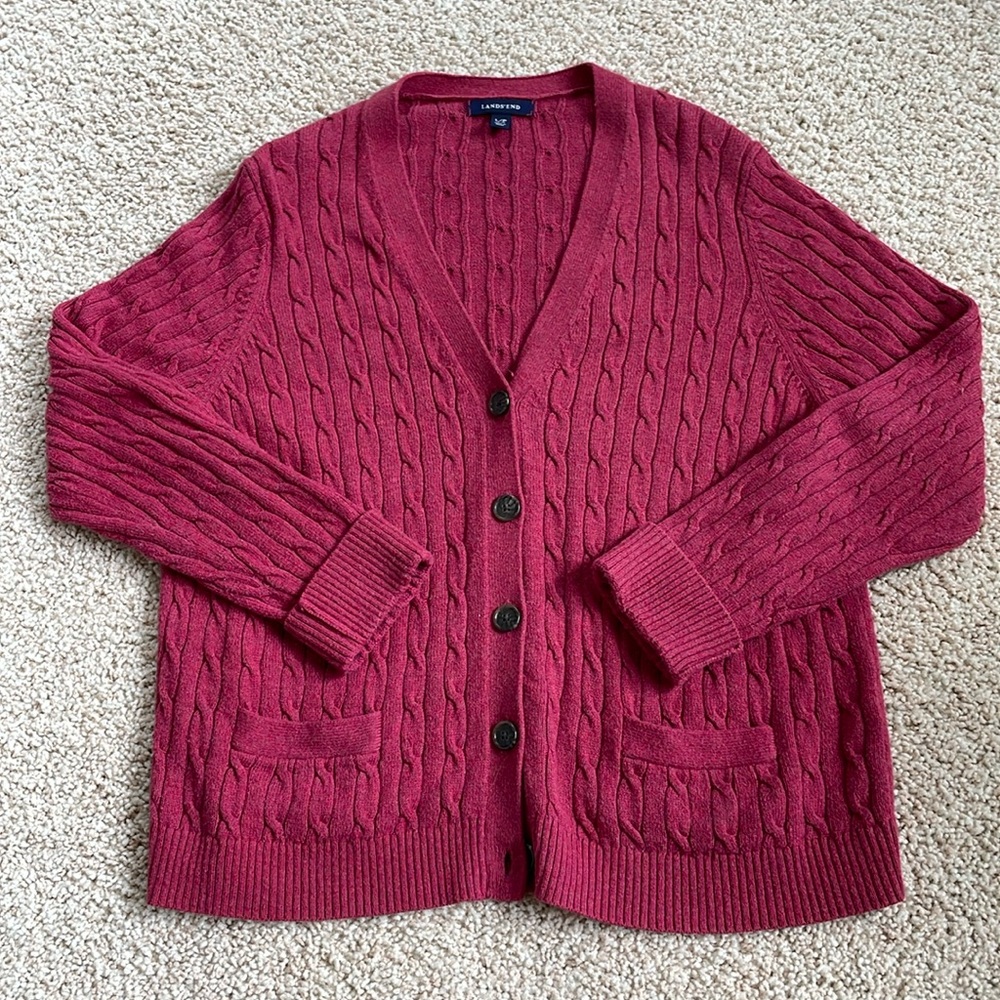 Lands' End Raspberry Cable Knit Cardigan